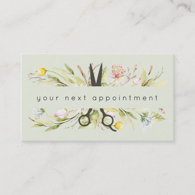 Elegant Floral Salon Scissors Logo Appointment Business Card (Front)