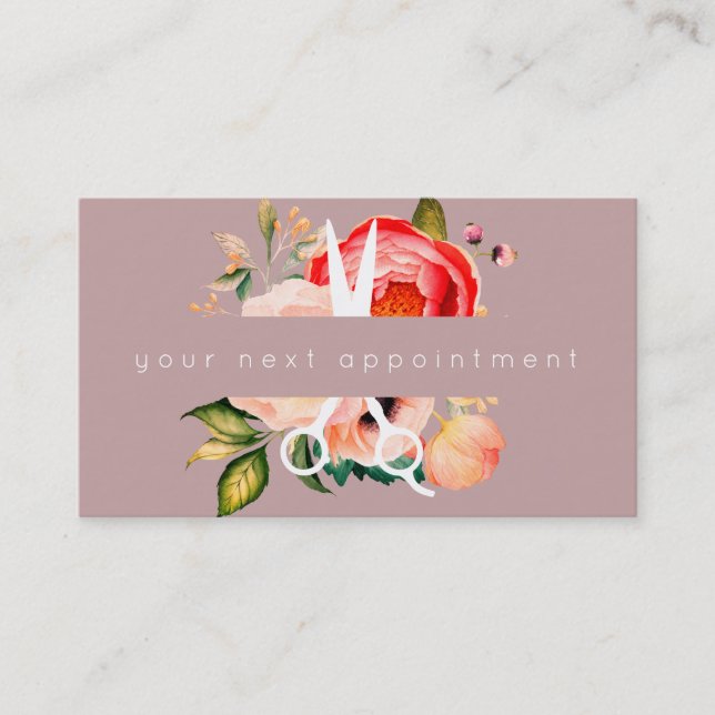 Elegant Floral Salon Scissors Logo Appointment Business Card (Front)
