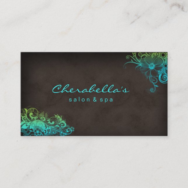 Elegant Floral Salon Spa Stylish Blue Green Brown Business Card (Front)