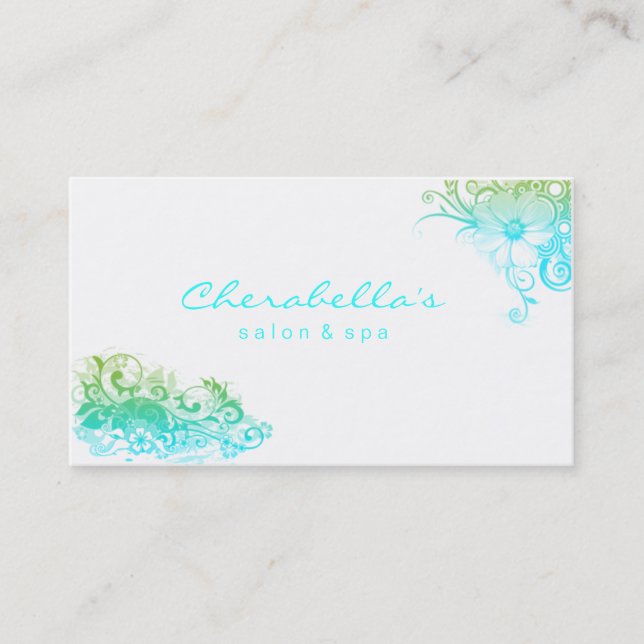 Elegant Floral Salon Spa Stylish Blue Green White Business Card (Front)