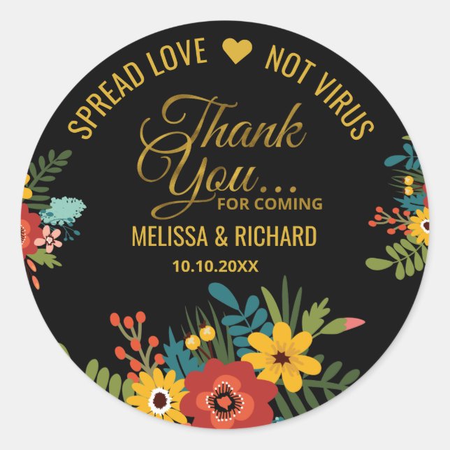 Elegant Floral Sanitizer Wedding Gold Thank You Classic Round Sticker (Front)
