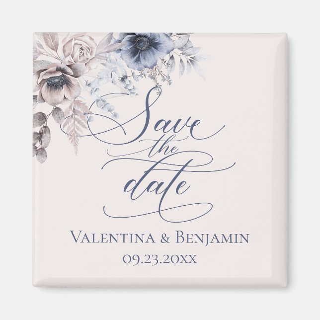 Elegant floral Save the Date Dusty blue beige Magnet (Front)