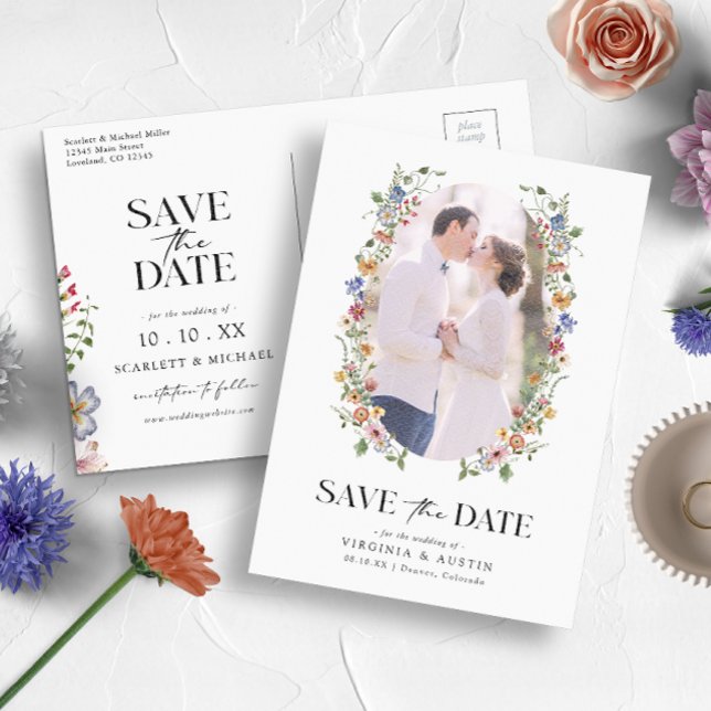 Elegant Floral Save The Date Postcard (Colorful Wildflower Wedding Invitation and Gifts Collection by Painted Paperie
)