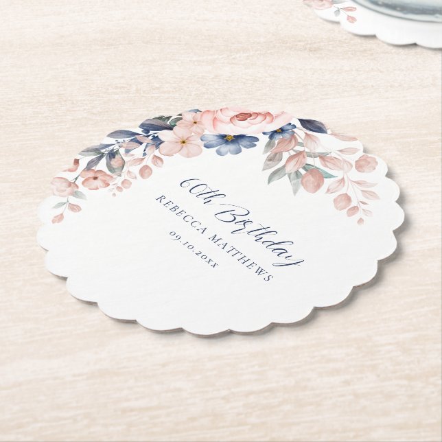Elegant Floral Script 60th Birthday Paper Coaster (Angled)