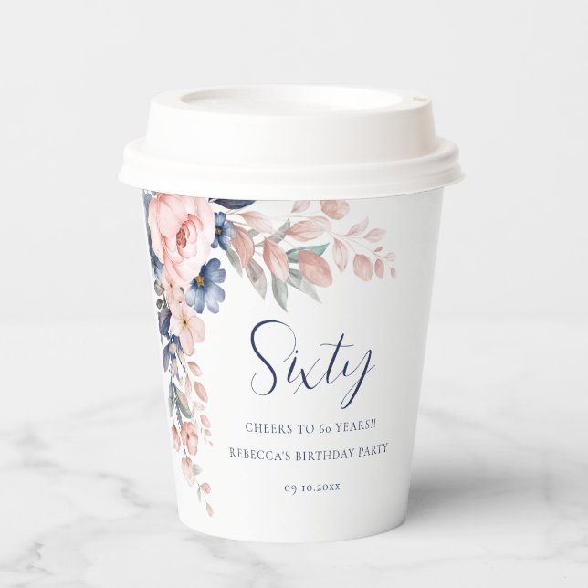 Elegant Floral Script 60th Birthday Paper Cups (Front)