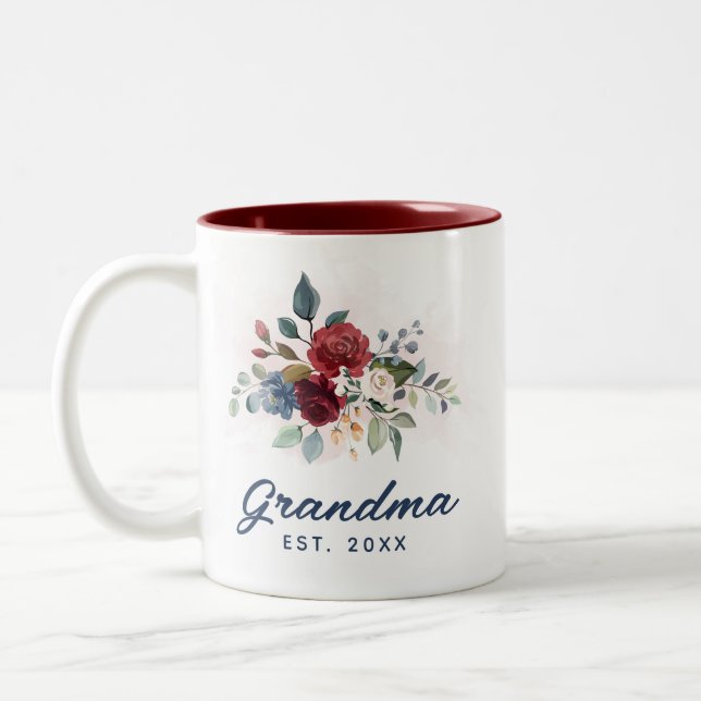 Elegant Floral Script Bloom Grandma Custom Two-Tone Coffee Mug (Left)