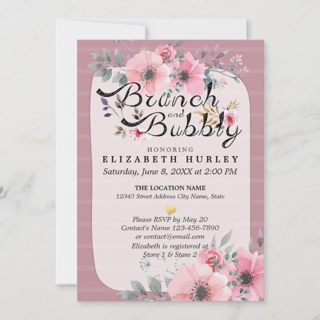 Elegant Floral Script Brunch Bubbly Bridal Shower Invitation (Front)