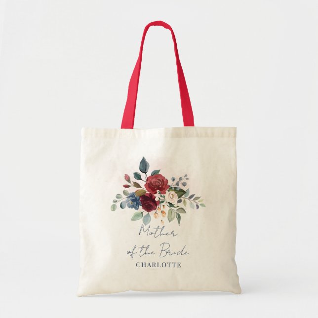 Elegant Floral Script Burgundy Mother of the Bride Tote Bag (Front)