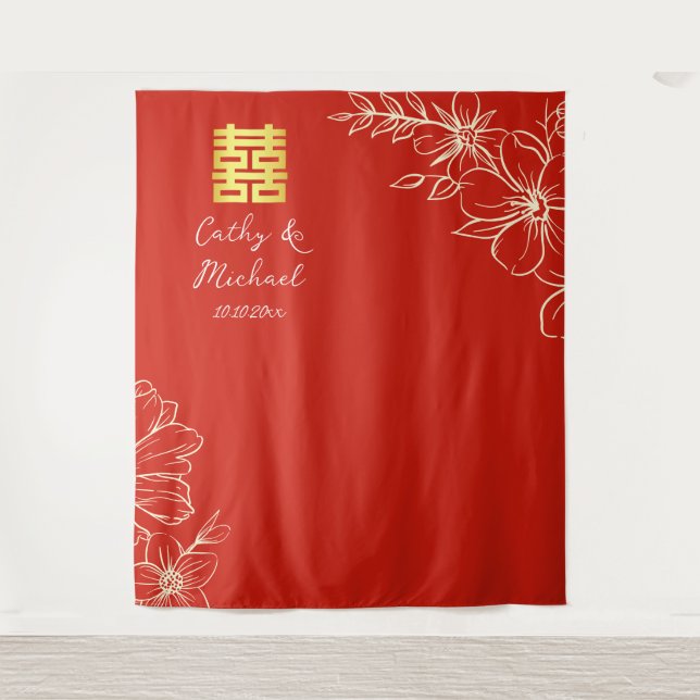 Elegant floral script Chinese wedding red backdrop Tapestry (Front)