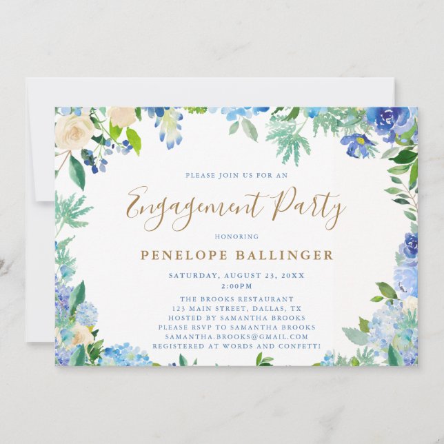 Elegant Floral Script Dusty Blue Engagement Party Invitation (Front)