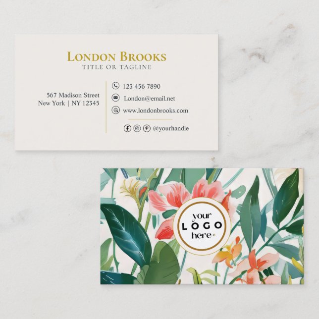 Elegant Floral Script Gold | Social Media Business Card (Front/Back)
