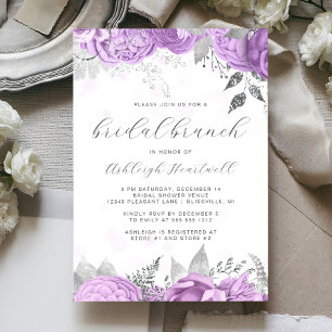 Elegant Floral Script Lilac Silver Bridal Brunch Invitation