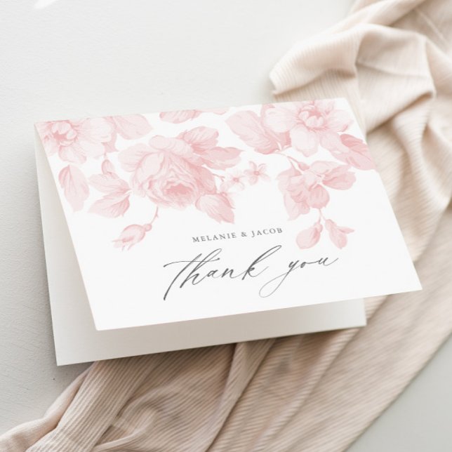 Elegant Floral Script Pink Bridal Shower Thank You Card (Elegant floral pink roses bridal shower thank you card.)