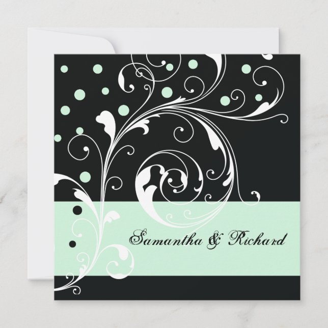 Elegant floral scroll leaf black, mint wedding invitation (Front)