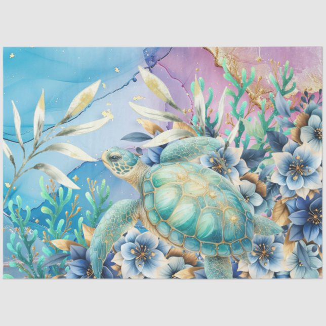 Elegant Floral Sea Turtle Decoupage Tissue Paper (Front)