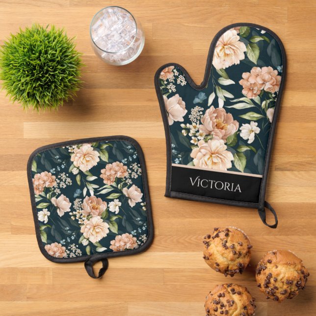 Elegant Floral Shabby Chic Personalised Oven Mitt & Pot Holder Set (Top Down)