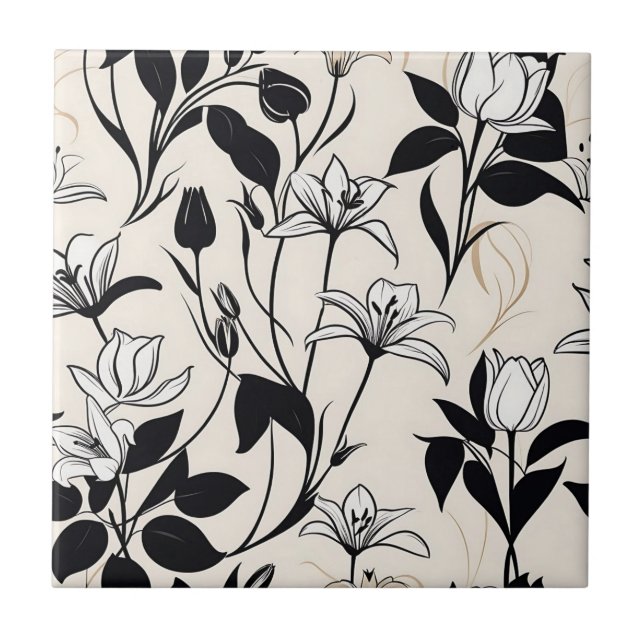Elegant Floral Silhouettes White and Black Ceramic Tile (Front)