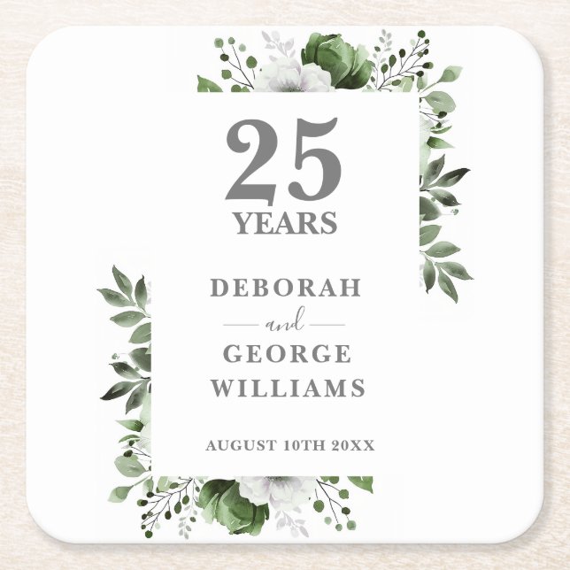 Elegant Floral Silver 25th Wedding Anniversary  Square Paper Coaster (Front)