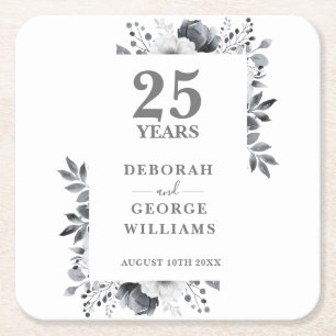 Elegant Floral Silver 25th Wedding Anniversary Square Paper Coaster