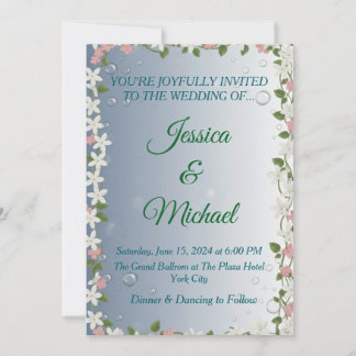Elegant Floral Silver & Blue Wedding Invitation 