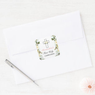 Elegant Floral Silver Cross 1st Holy Communion Square Sticker