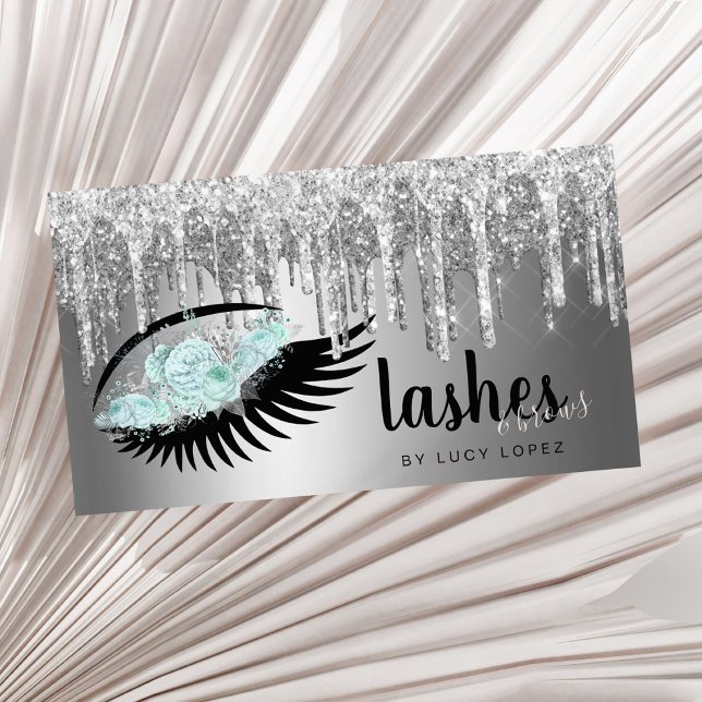 Elegant floral silver glitter drips lashes & brows business card (Creator Uploaded)