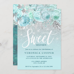 Elegant floral silver glitter sweet sixteen invitation