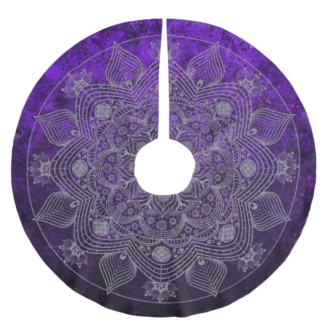 Elegant Floral Silver & Purple Mandala Namaste  Brushed Polyester Tree Skirt (Front)