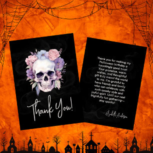 Elegant Floral & Skull Gothic Halloween Birthday  Thank You Card