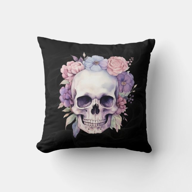 Elegant Floral Skull Gothic Halloween decor Cushion (Front)