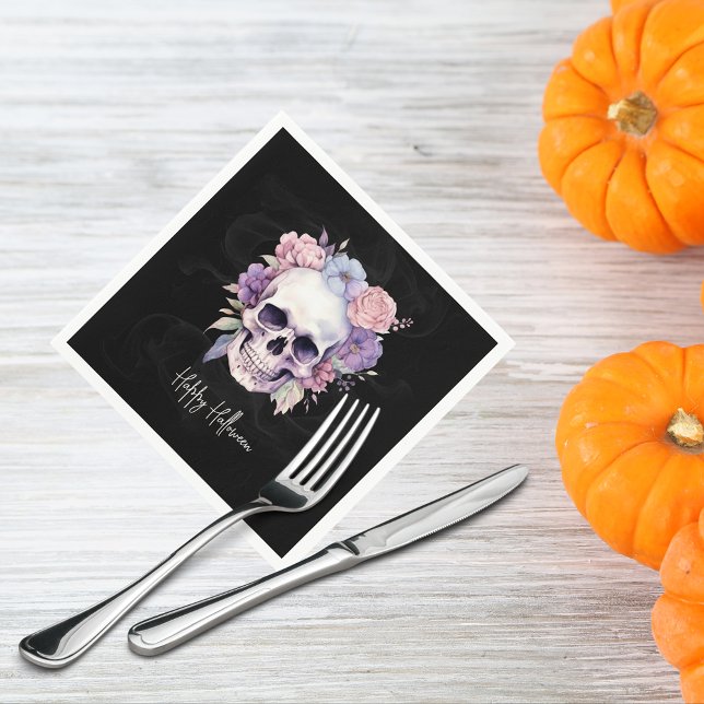 Elegant Floral & Skull Gothic Happy Halloween  Napkin (Creator Uploaded)