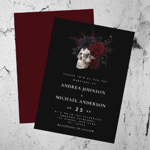 Elegant Floral Skull Halloween Wedding Wine Red Invitation