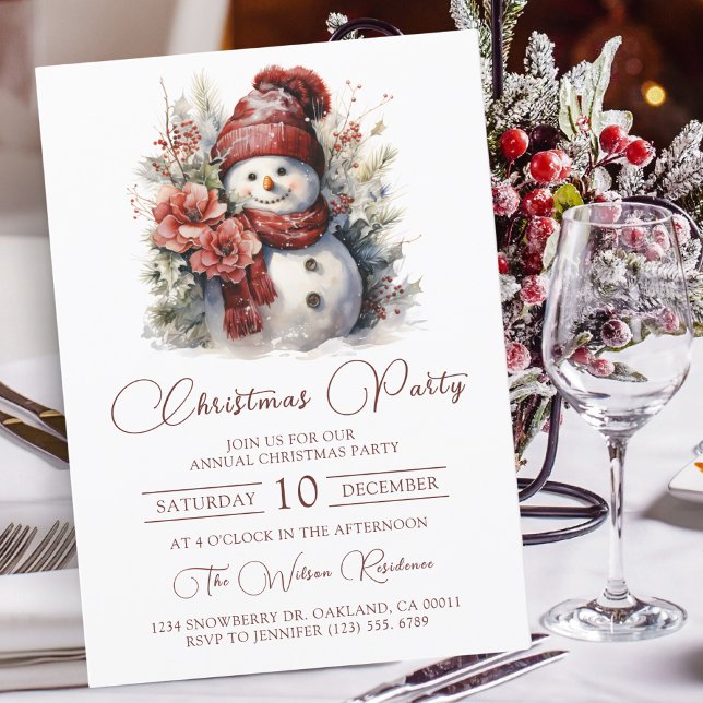 Elegant Floral Snowman Christmas Party Invitation (Creator Uploaded)