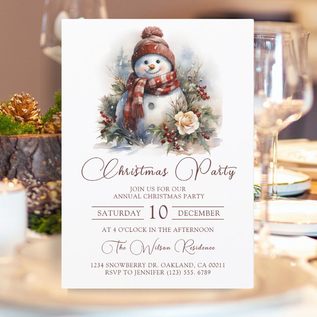 Elegant Floral Snowman Christmas Party Invitation (Creator Uploaded)