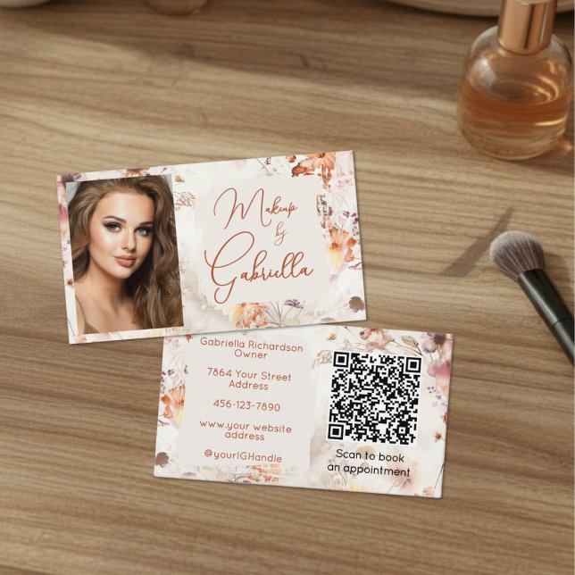 Elegant Floral Social Icon QR Code Photo Makeup Business Card (Creator Uploaded)