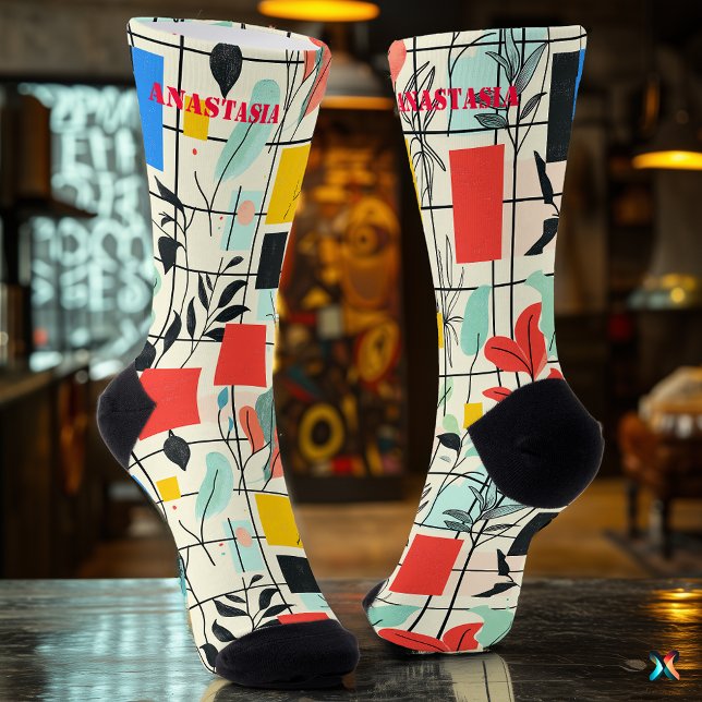Elegant Floral Socks with Geometric Colour Blocks (Creator Uploaded)