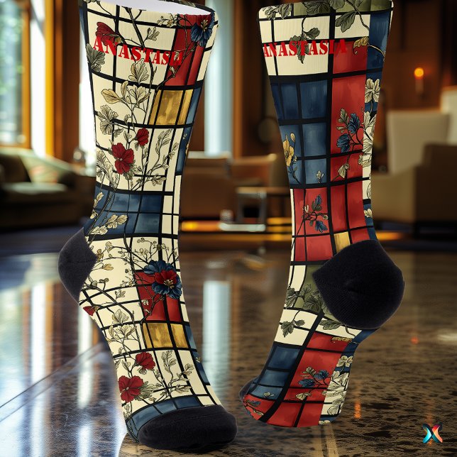 Elegant Floral Socks with Retro Grid Design (Creator Uploaded)