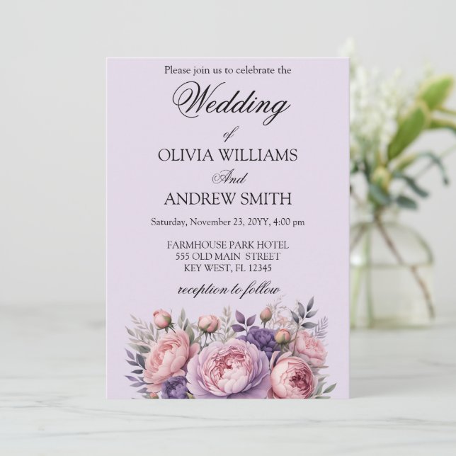 Elegant Floral soft pink and purple wedding Invitation (Standing Front)