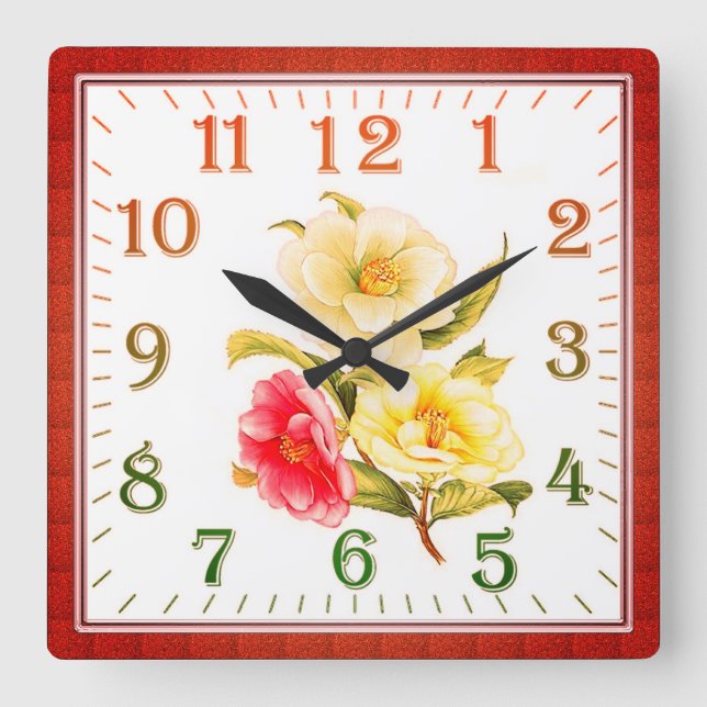 Elegant Floral Square Acrylic Wall Clock (Front)