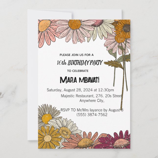 Elegant Floral & stack flower Sweet 16th Birthday Invitation (Front)