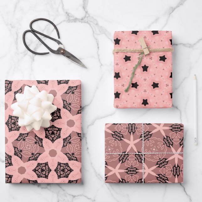 Elegant Floral & Star Pattern Set in Blush Tones Wrapping Paper Sheet (Front)