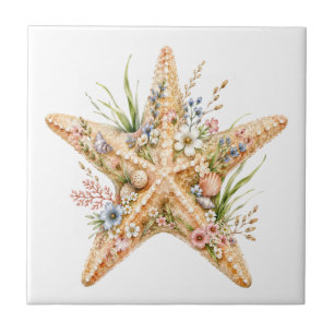 Elegant Floral Starfish Coastal Beach Art Décor Ceramic Tile