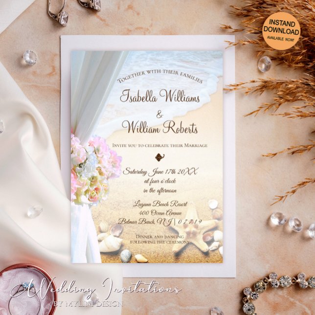 Elegant Floral Starfish Tropical Beach Wedding Invitation (Creator Uploaded)