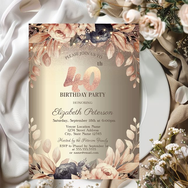 Elegant Floral,String Lights 40th Birthday  Invitation (Creator Uploaded)