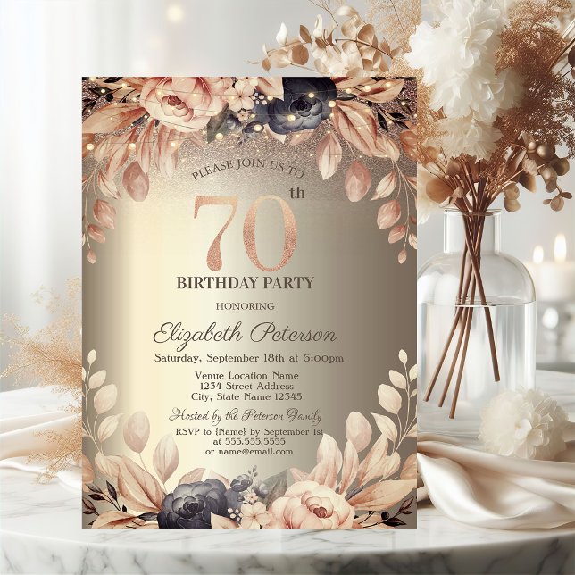 Elegant Floral,String Lights 70th Birthday  Invitation (Creator Uploaded)