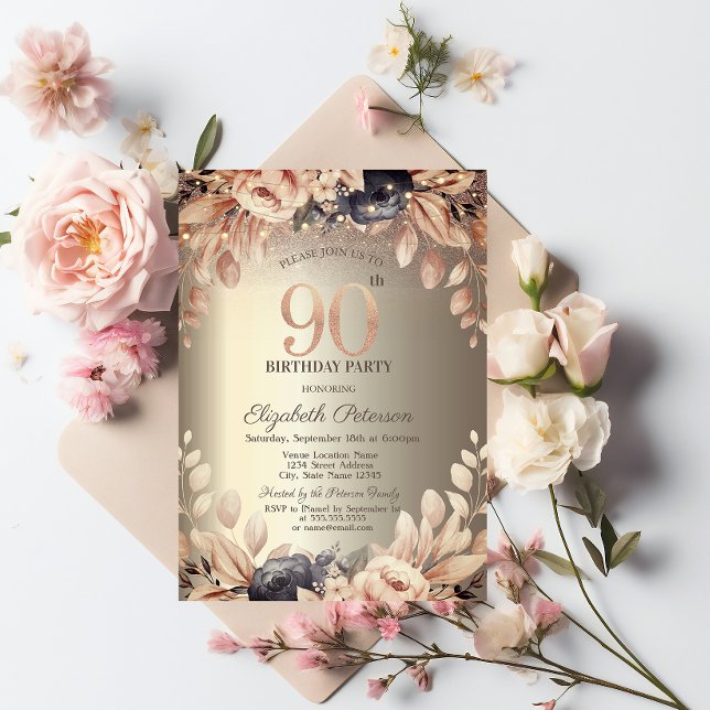 Elegant Floral,String Lights 90th Birthday  Invitation (Creator Uploaded)