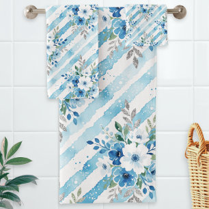 Elegant Floral Striped Blue White Bath Towel Set