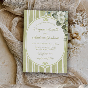 Elegant Floral Striped Green Wedding Invitation