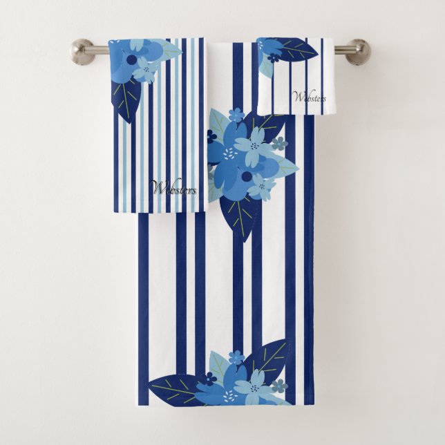 Elegant Floral Striped Pattern Monochromatic Blue Bath Towel Set (Insitu)