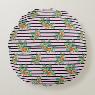 Elegant Floral Stripes – Black and Pink Flower Round Cushion